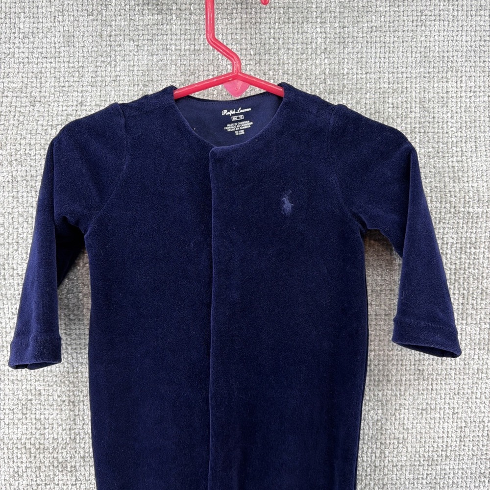 Ralph Lauren Navy Velvet One Piece Baby 6M Light Blue  Pony Logo Snap‎ Closure